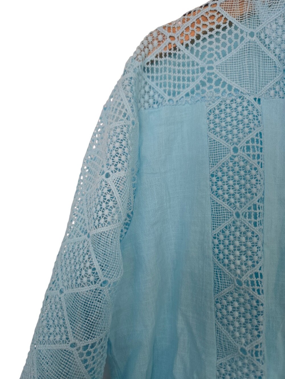 🩵 Boho Aqua Crochet Lace Tunic Top Blouse XL Tassel Tie - Picture 3 of 5